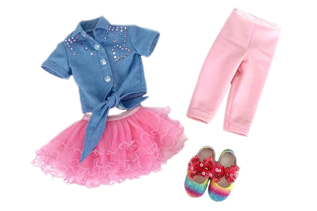 Doll outfit with denim shirt, pink skirt, pink leggings, and colorful shoes on a white background