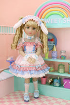 Doll in a colorful room with a rainbow and shelves.