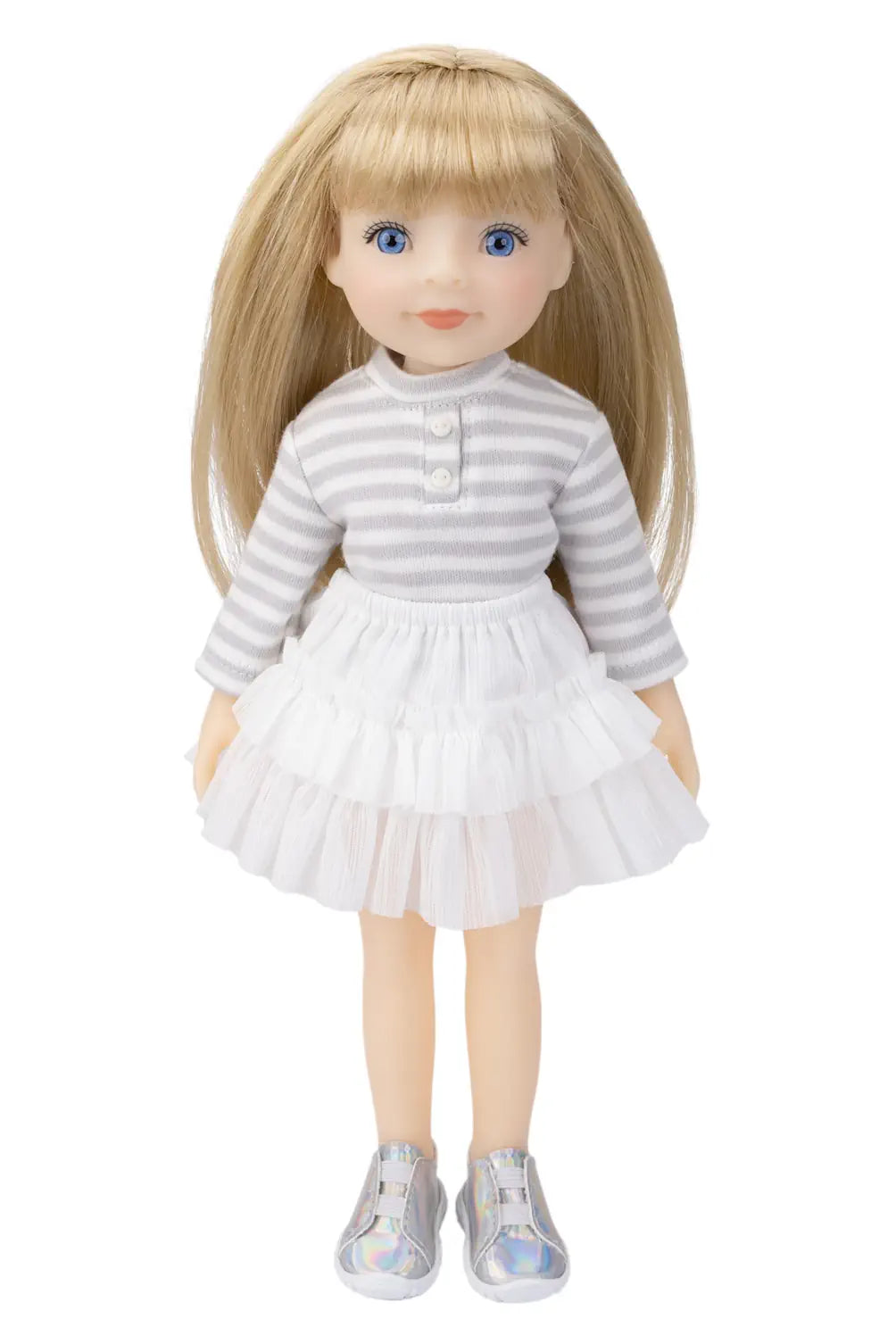 Doll wearing a striped shirt and white skirt on a white background