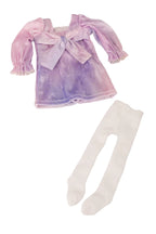 Pastel-colored top with a bow and white tights on a white background