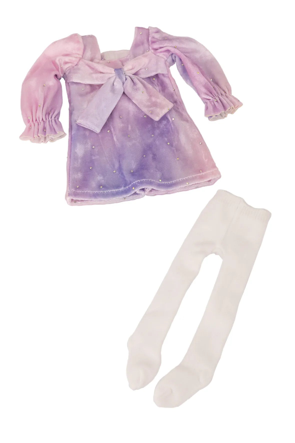 Pastel-colored top with a bow and white tights on a white background