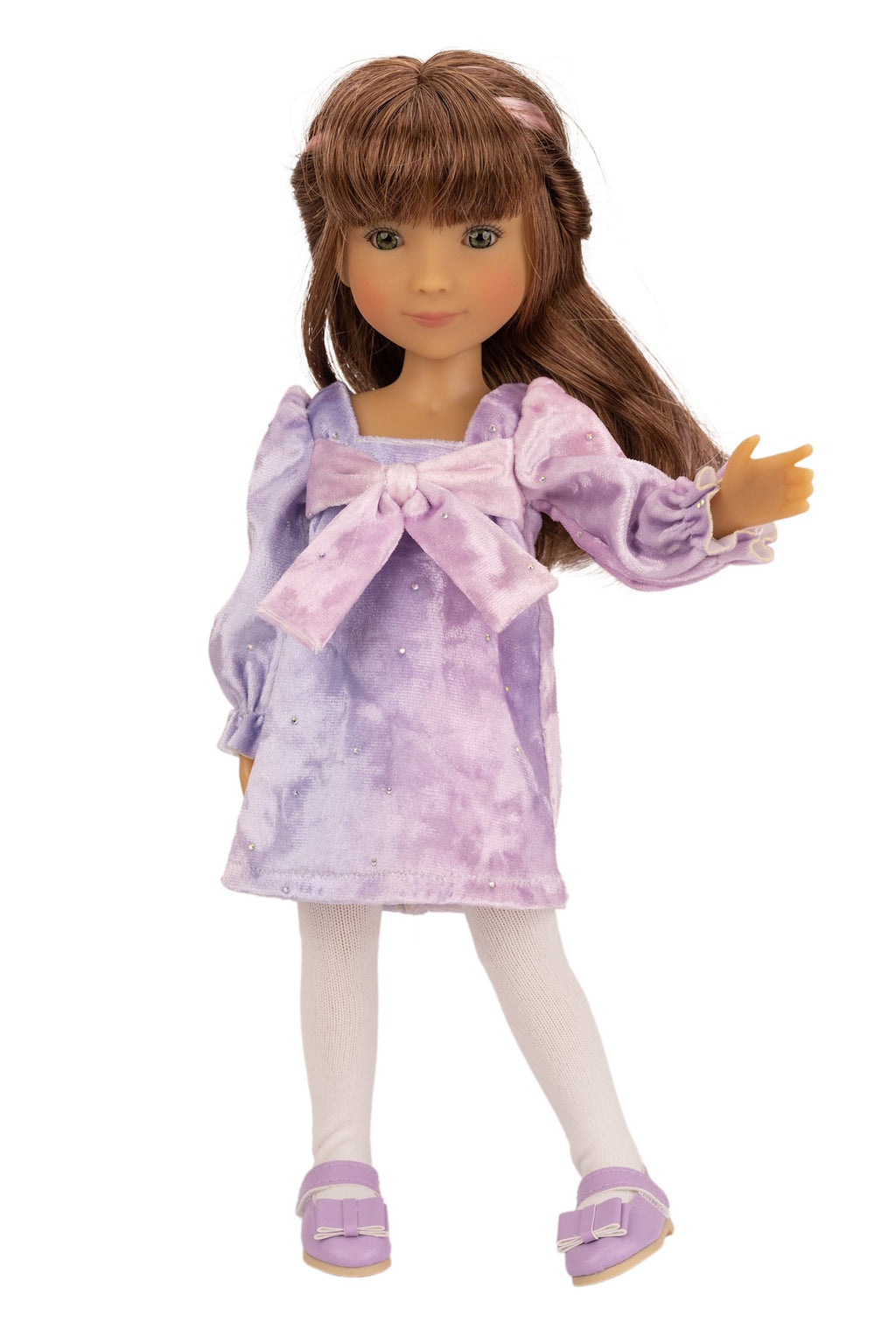 Doll wearing a purple tie-dye dress with a bow on a white background