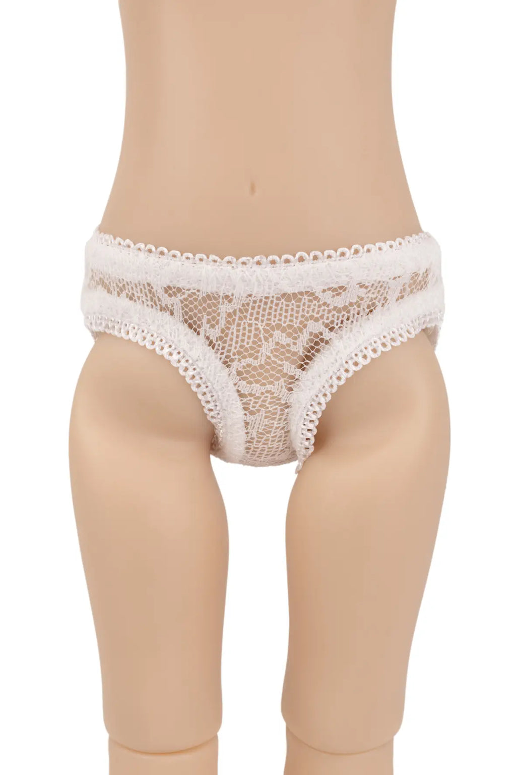 White lace underpants displayed on a doll torso against a plain white background.