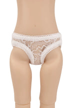 White lace underpants displayed on a doll torso against a plain white background.