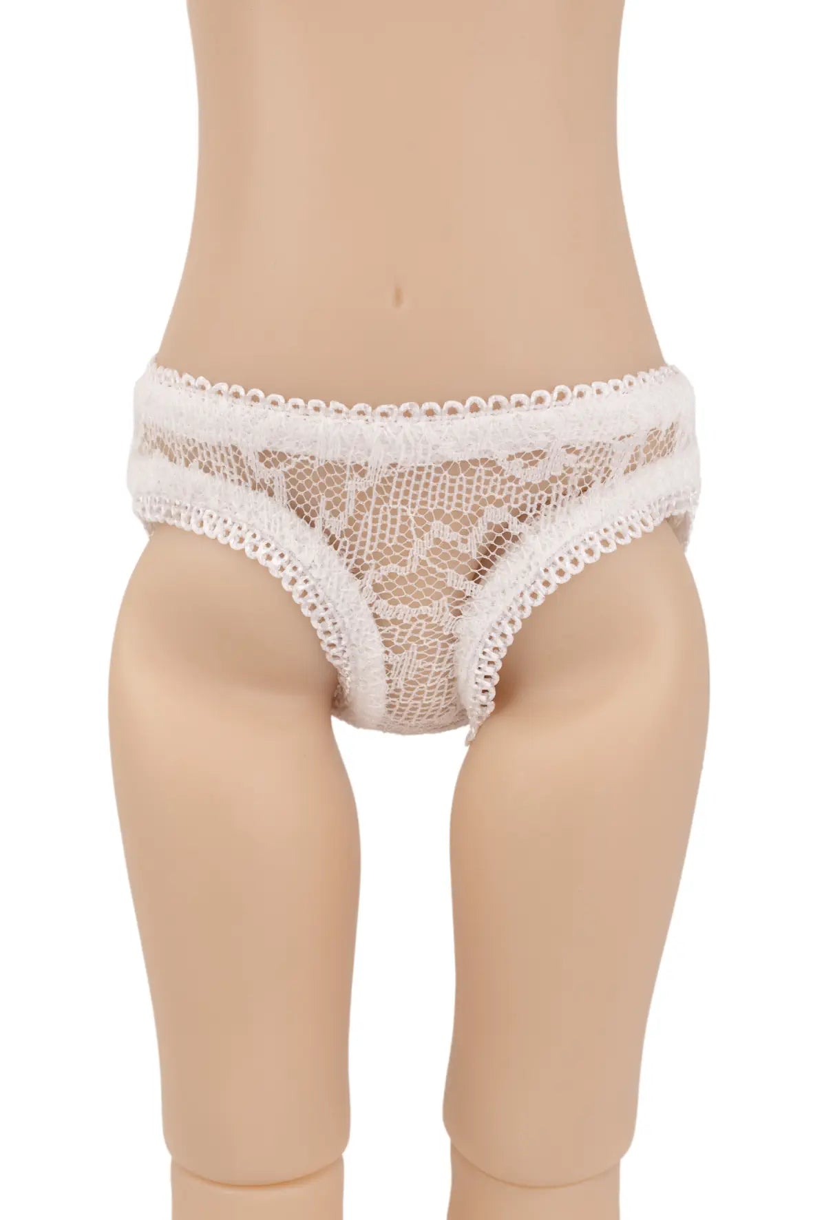 White lace underpants displayed on a doll torso against a plain white background.