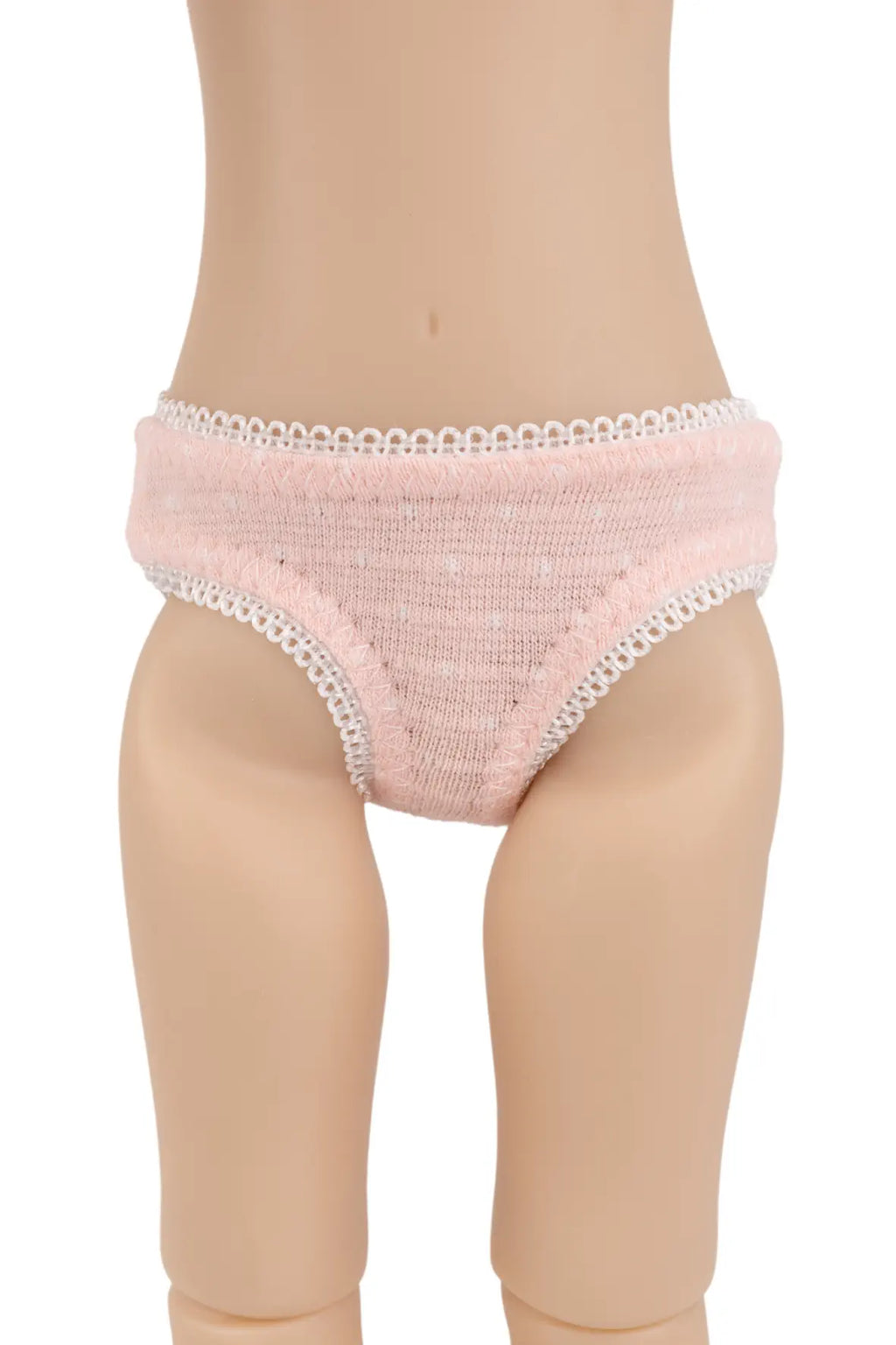 Light pink knit bikini-style underwear with white lace trim, displayed on a  doll torso against a white background.