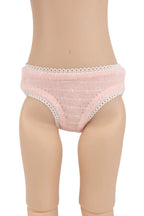 Light pink knit bikini-style underwear with white lace trim, displayed on a  doll torso against a white background.