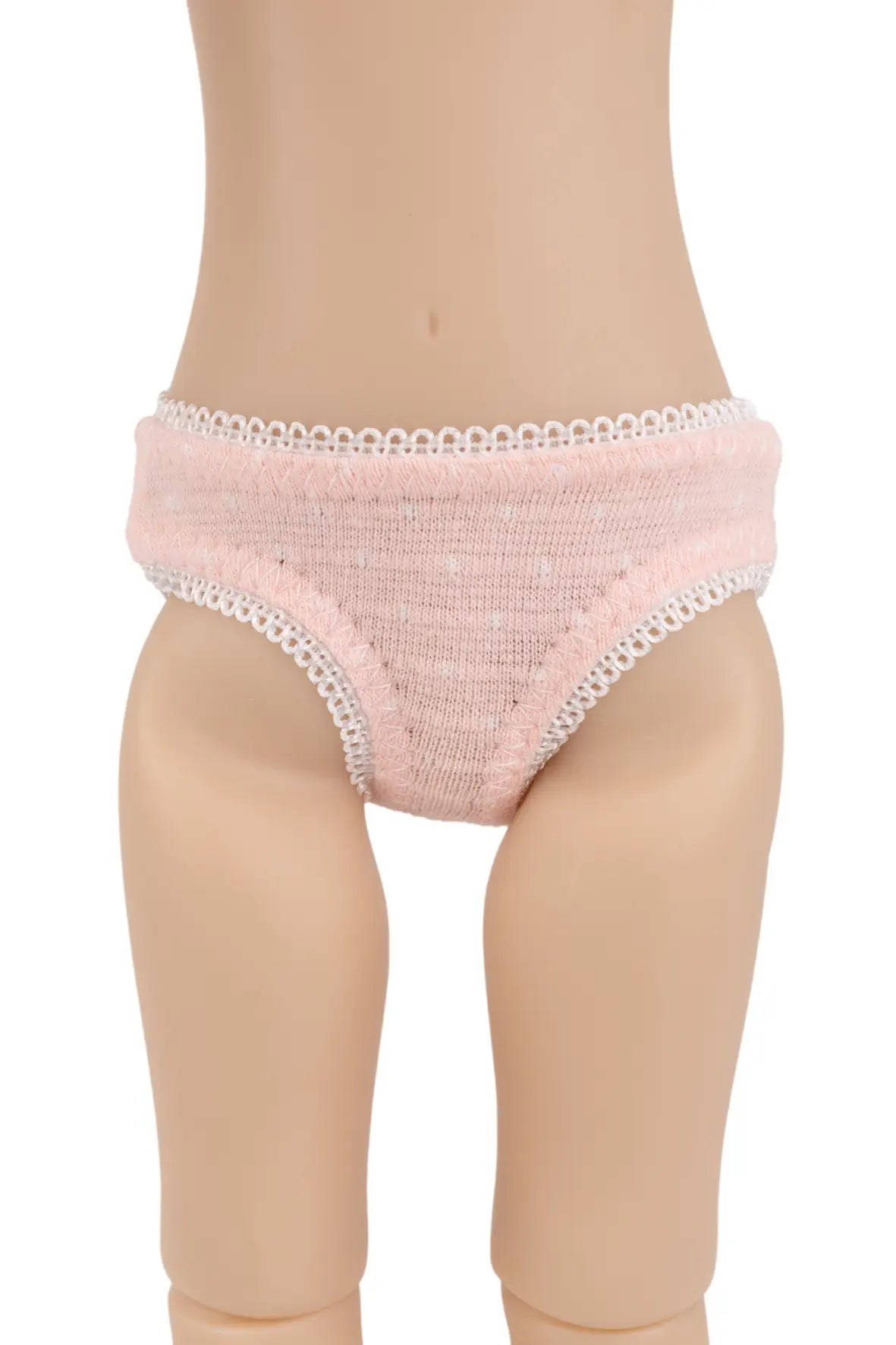 Light pink knit bikini-style underwear with white lace trim, displayed on a  doll torso against a white background.