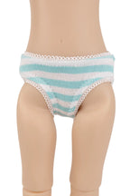 A doll  lower torso wearing striped bikini-style underwear with white and light blue horizontal stripes and white lace trim, shown against a plain white background.