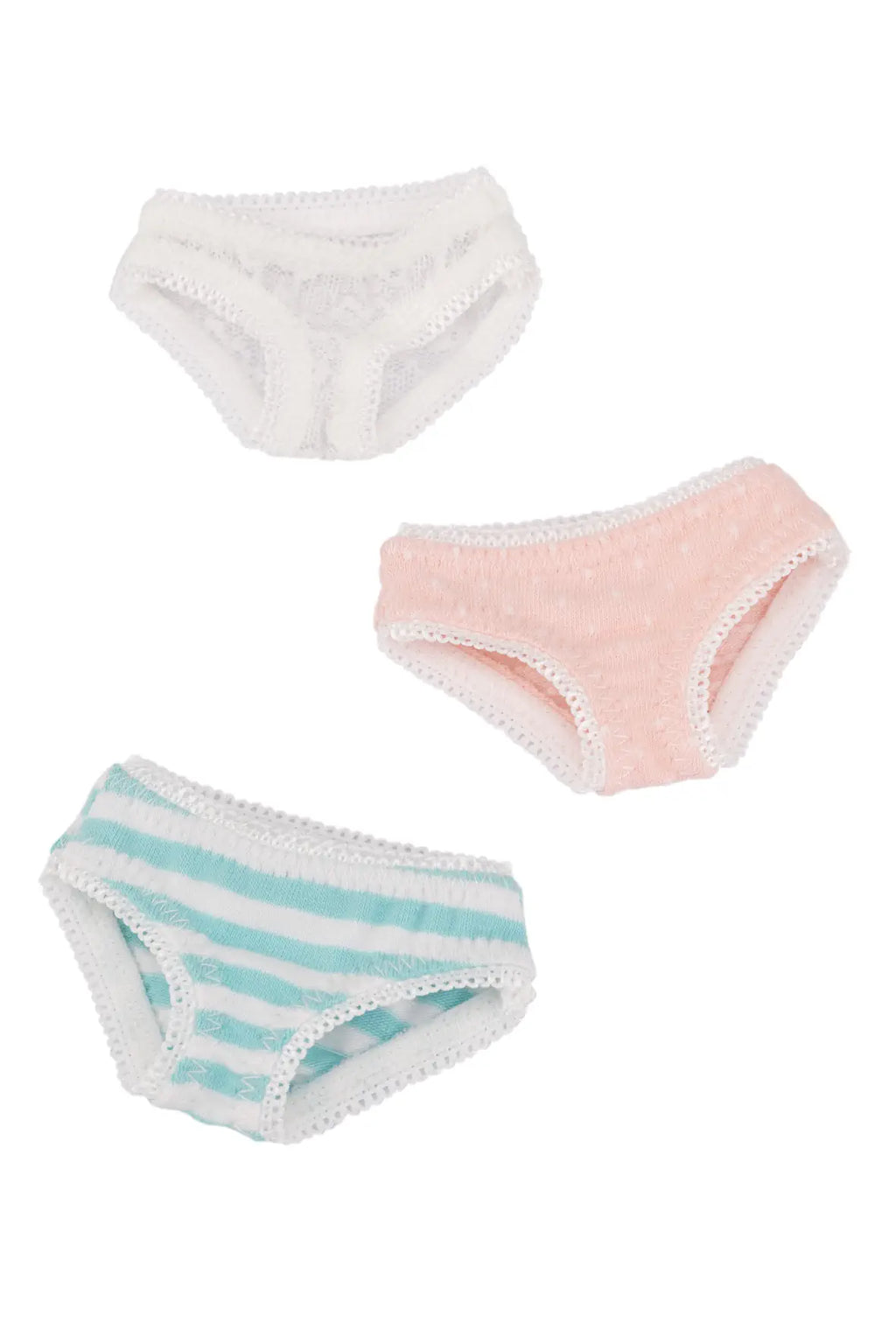 Three pairs of doll-sized underwear on a plain white background. The set includes a white pair, a light pink pair, and a light blue and white striped pair, all with white lace trim.