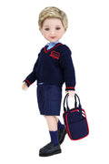 Doll wearing a navy school uniform with a red emblem, holding a matching bag on a white background
