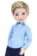 Doll wearing a blue shirt and dark pants on a white background