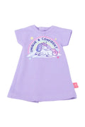 Purple dress with unicorn graphic and text on a white background