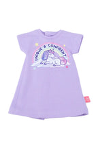 Purple dress with unicorn graphic and text on a white background