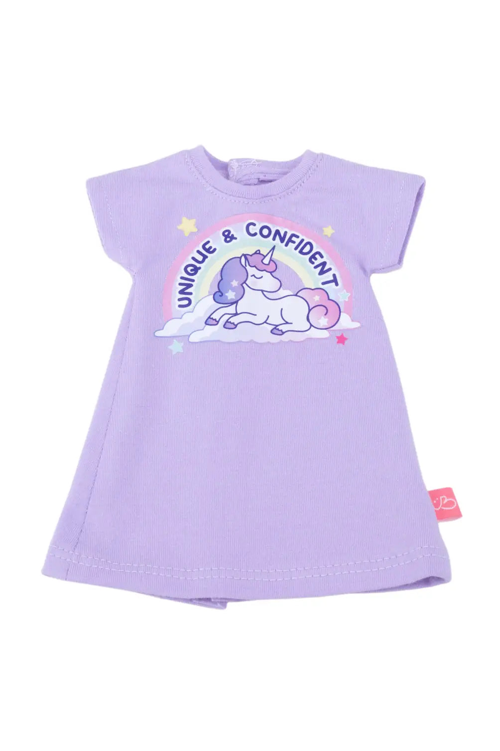 Purple dress with unicorn graphic and text on a white background