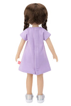 Doll wearing a purple dress on a white background