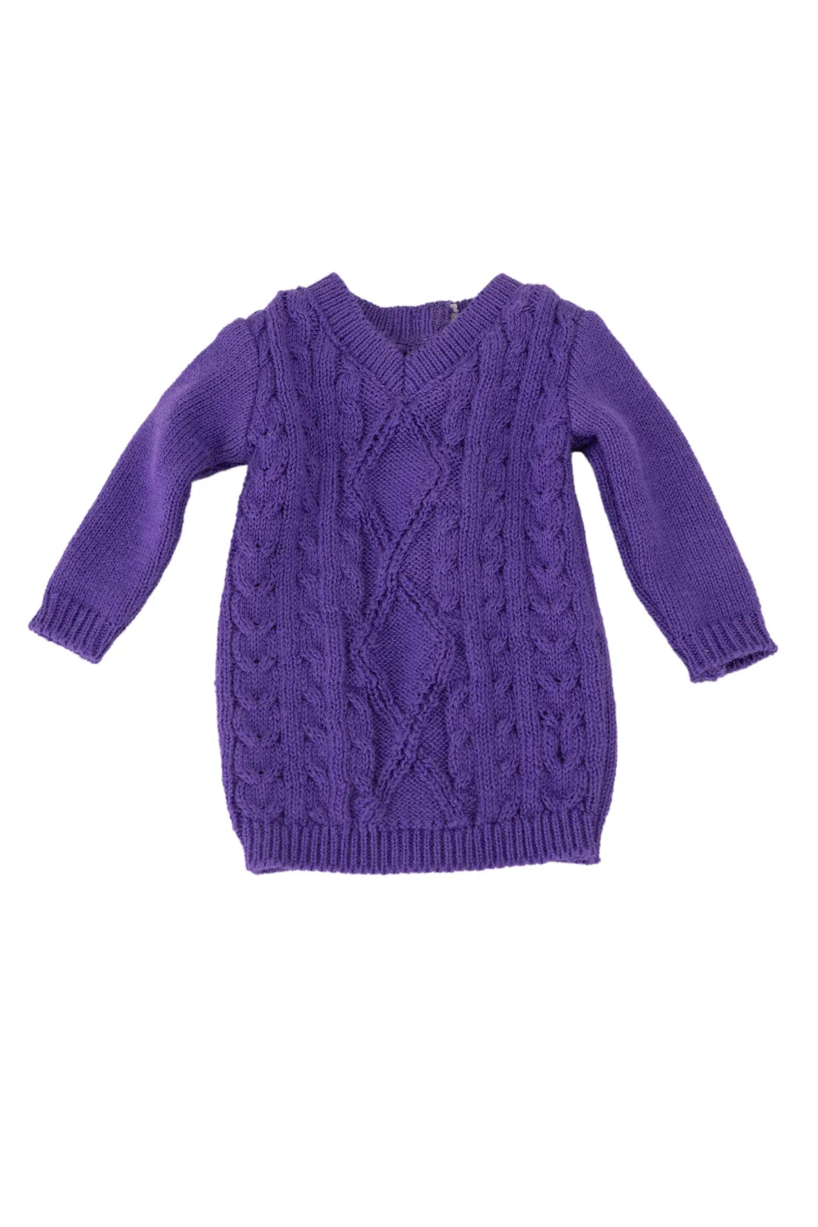 Purple cable knit sweater dress on a white background