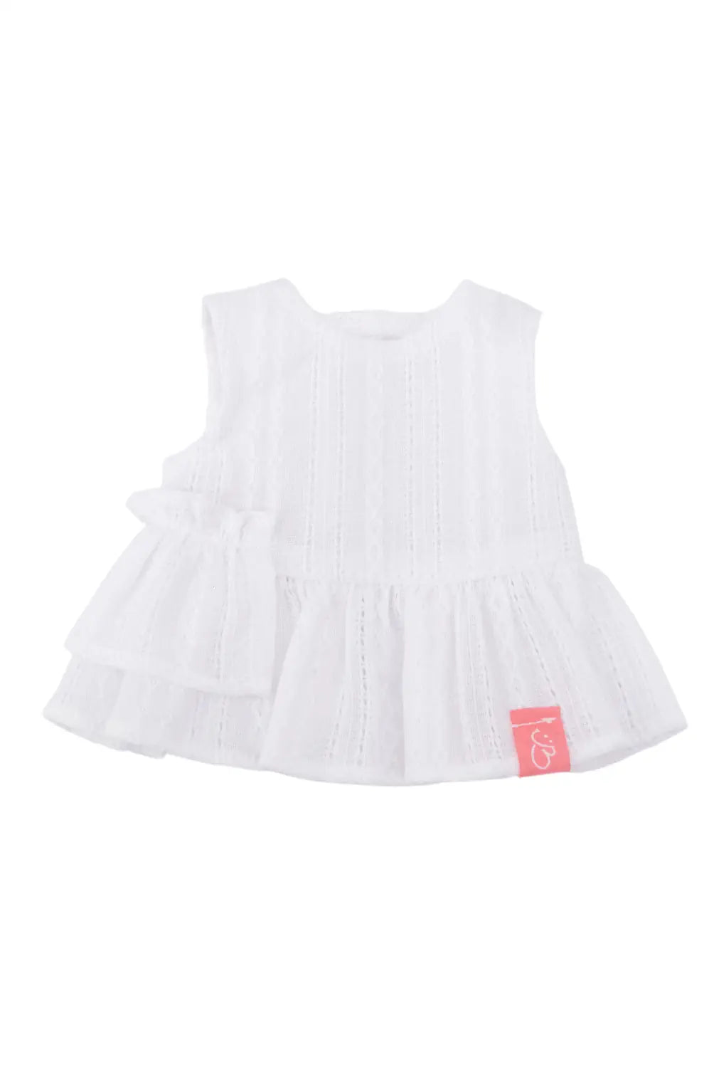 White top with a red tag on a white background