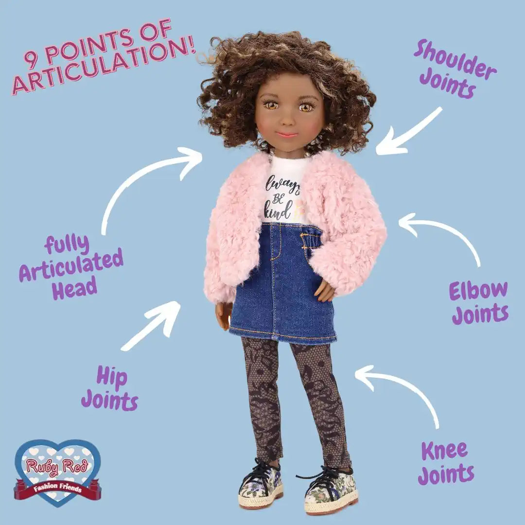 Curly-haired collectible doll in pink jacket and denim skirt, showing 9 points of articulation.