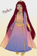 An illustration of a woman labeled 'Medea' wearing a flowing traditional-style dress with a deep magenta-to-purple gradient skirt, peach upper panel, lavender draped overlay, and gold jewelry against a pale beige background.
