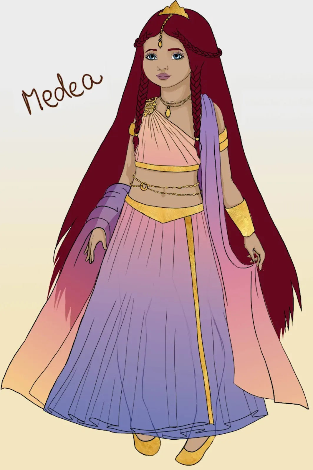 An illustration of a woman labeled 'Medea' wearing a flowing traditional-style dress with a deep magenta-to-purple gradient skirt, peach upper panel, lavender draped overlay, and gold jewelry against a pale beige background.